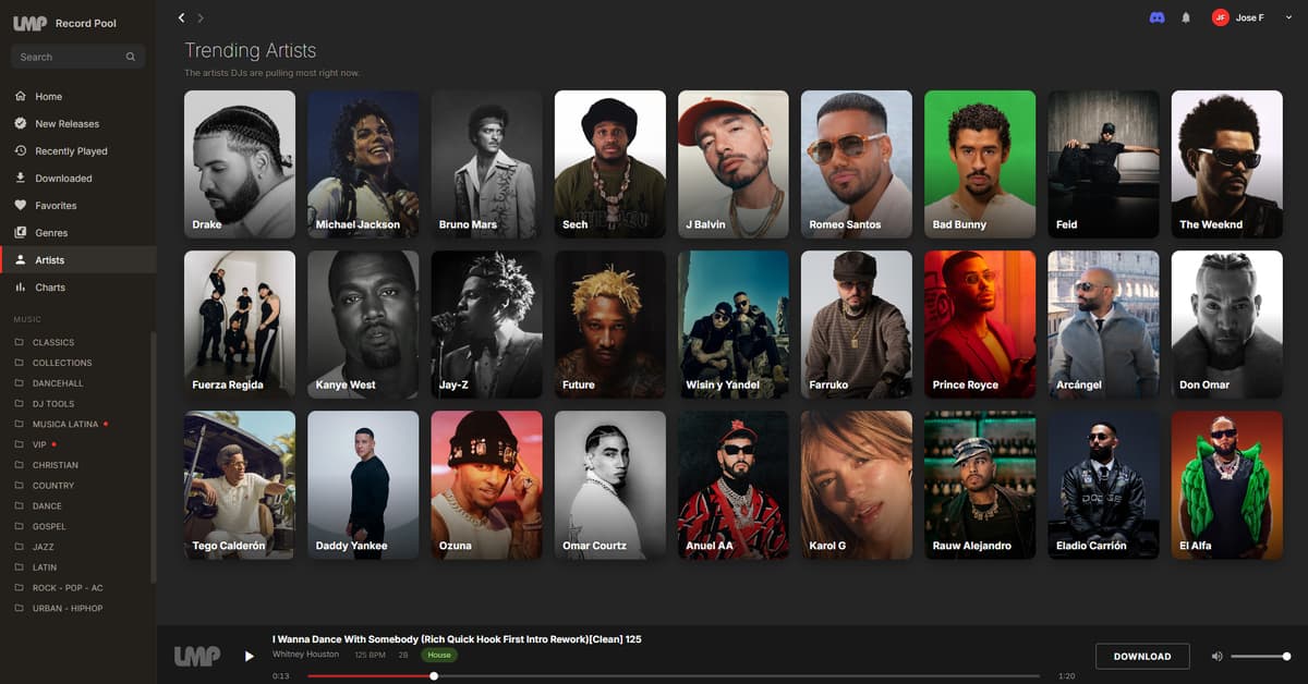 LMP Record Pool app — Trending Artists, a grid of the artists DJs are pulling most right now
