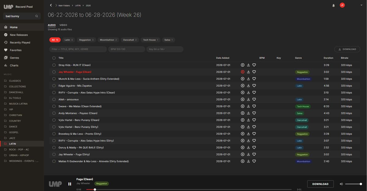 LMP Record Pool app — browsing a weekly Latin folder, showing genre, BPM, key, duration and bitrate for each track