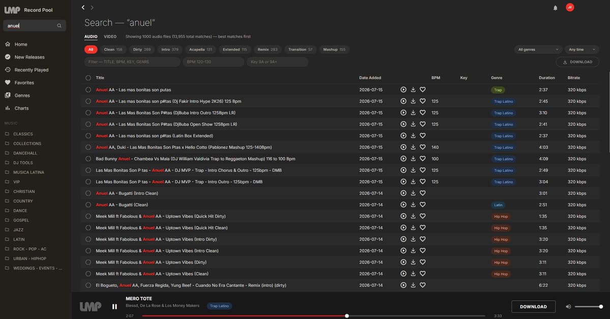 Record Pool search results for an artist, with Clean, Dirty, Intro, Acapella, Extended, Remix, Transition and Mashup filters plus BPM and key