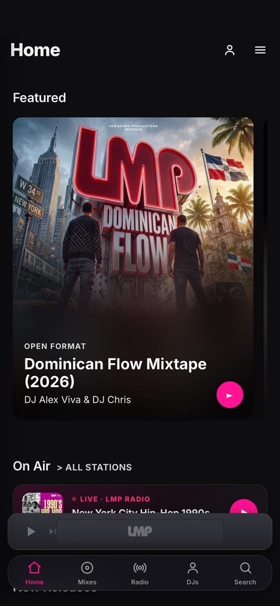 The LMP DJ app home screen: featured Latin mixes and mixtapes