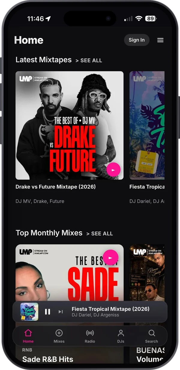 The LMP app home screen: Latest Mixtapes and Top Monthly Mixes, with Fiesta Tropical Mixtape playing