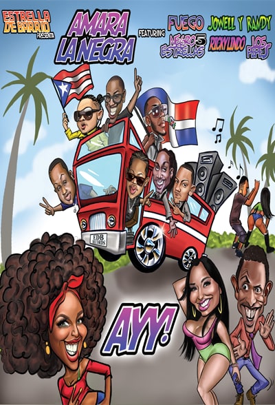 LMP's 2012 banner for “Ayy!” — a cartoon of Amara La Negra and her featured artists on a party bus, “Estrella de Barrio presenta”