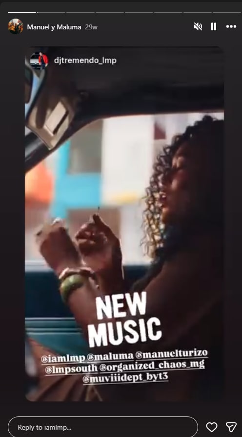 DJ Tremendo's Instagram story, “New music”, tagging @iamlmp, @maluma and @manuelturizo