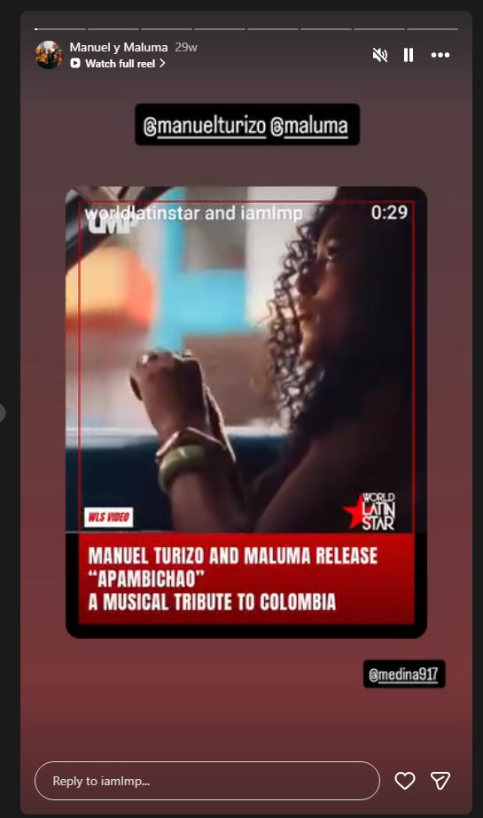 LMP's Instagram story sharing the World Latin Star × LMP reel, “Manuel Turizo and Maluma release Apambichao”, tagging @manuelturizo and @maluma