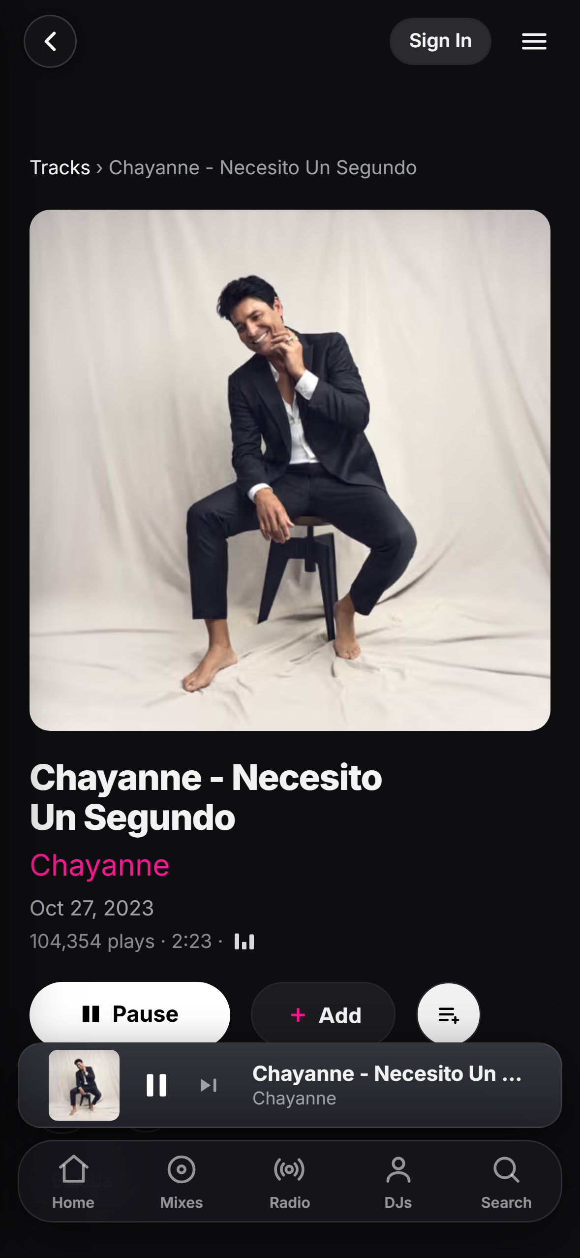 “Necesito Un Segundo” by Chayanne playing in the LMP DJ app