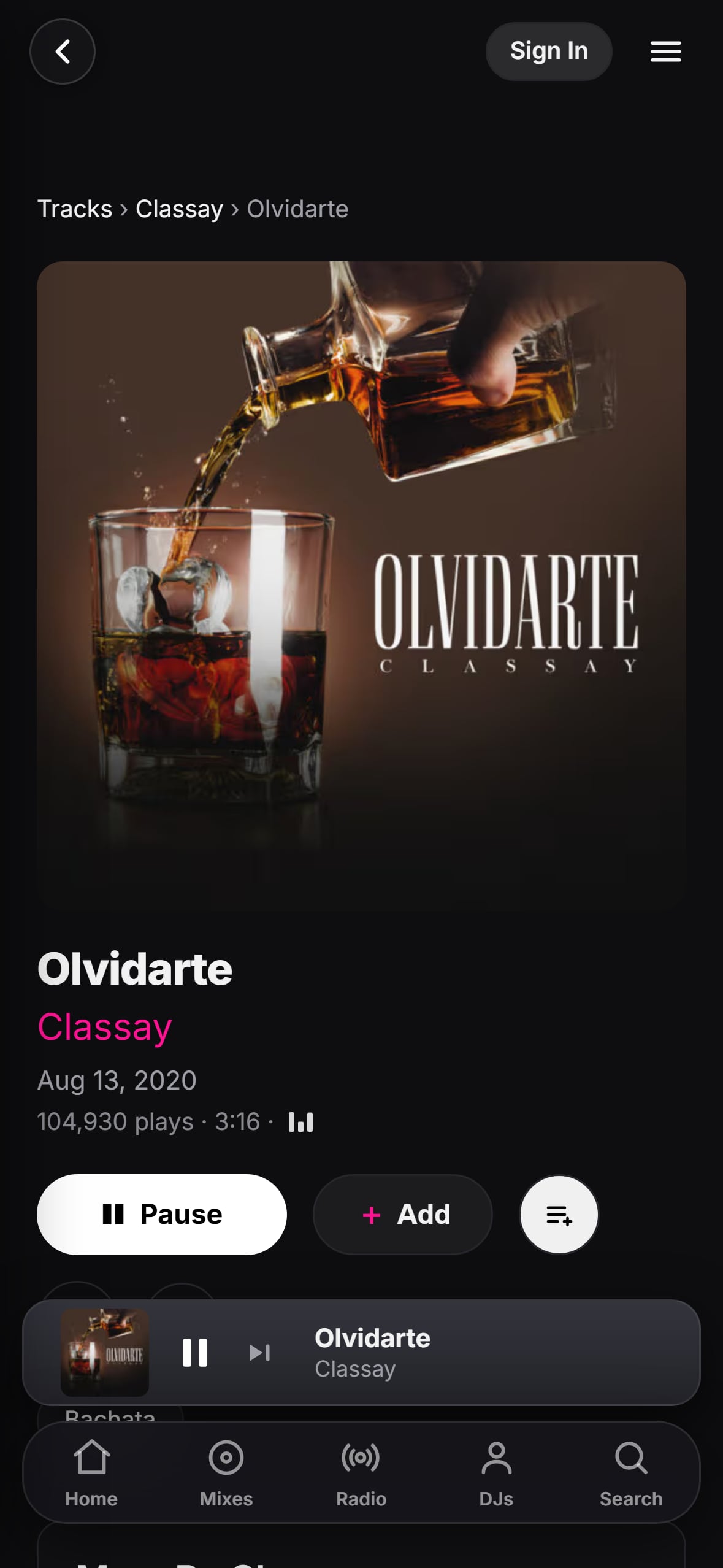 “Olvidarte” playing in the LMP DJ app