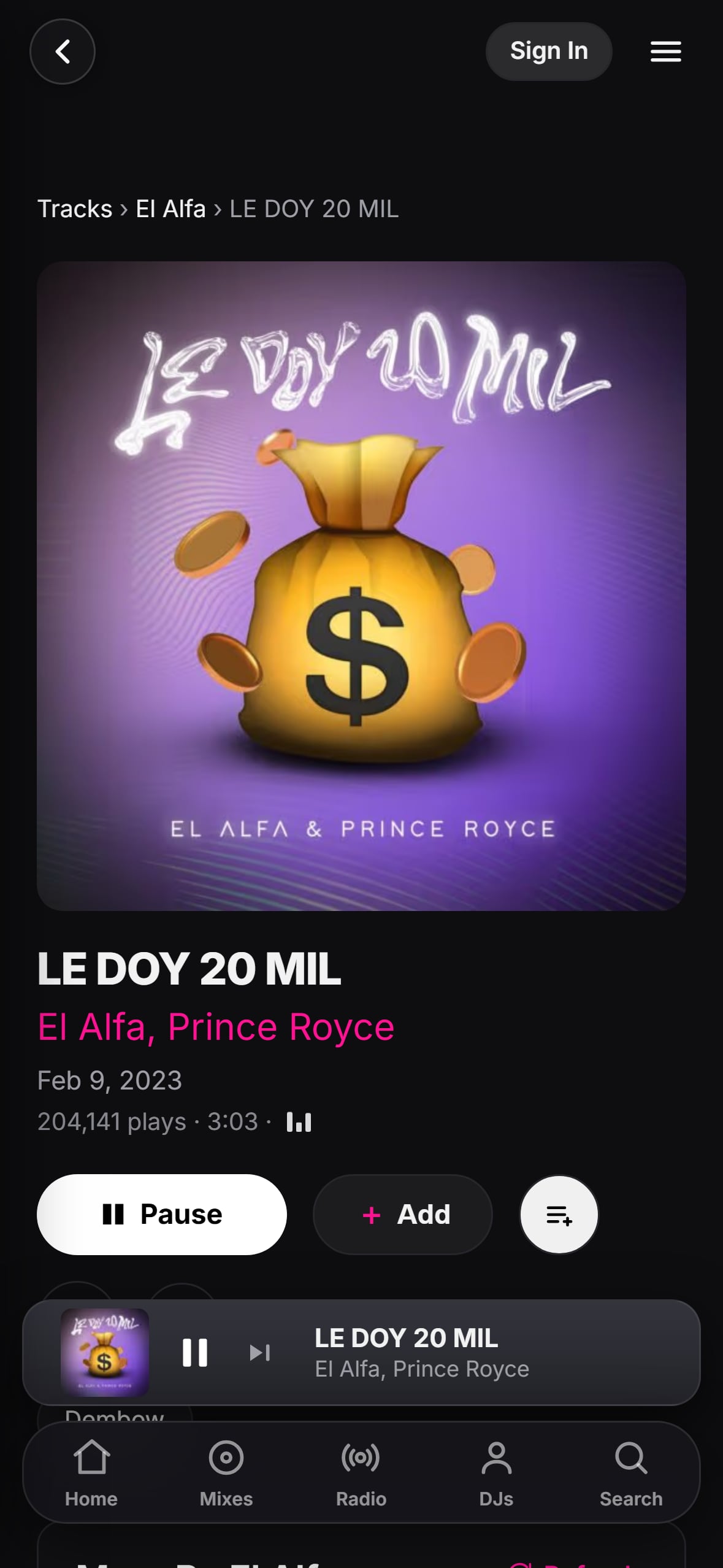 “LE DOY 20 MIL” playing in the LMP DJ app