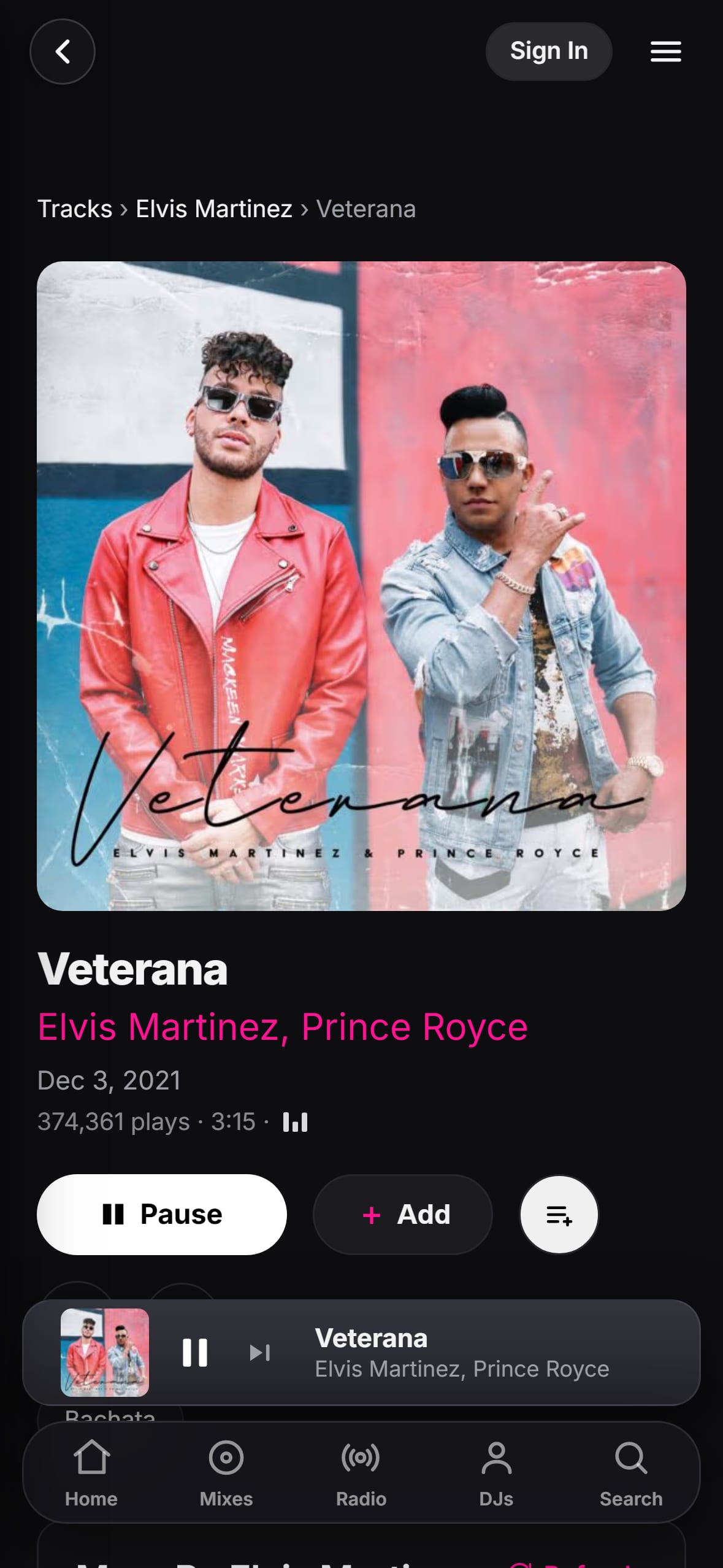 “Veterana” playing in the LMP DJ app