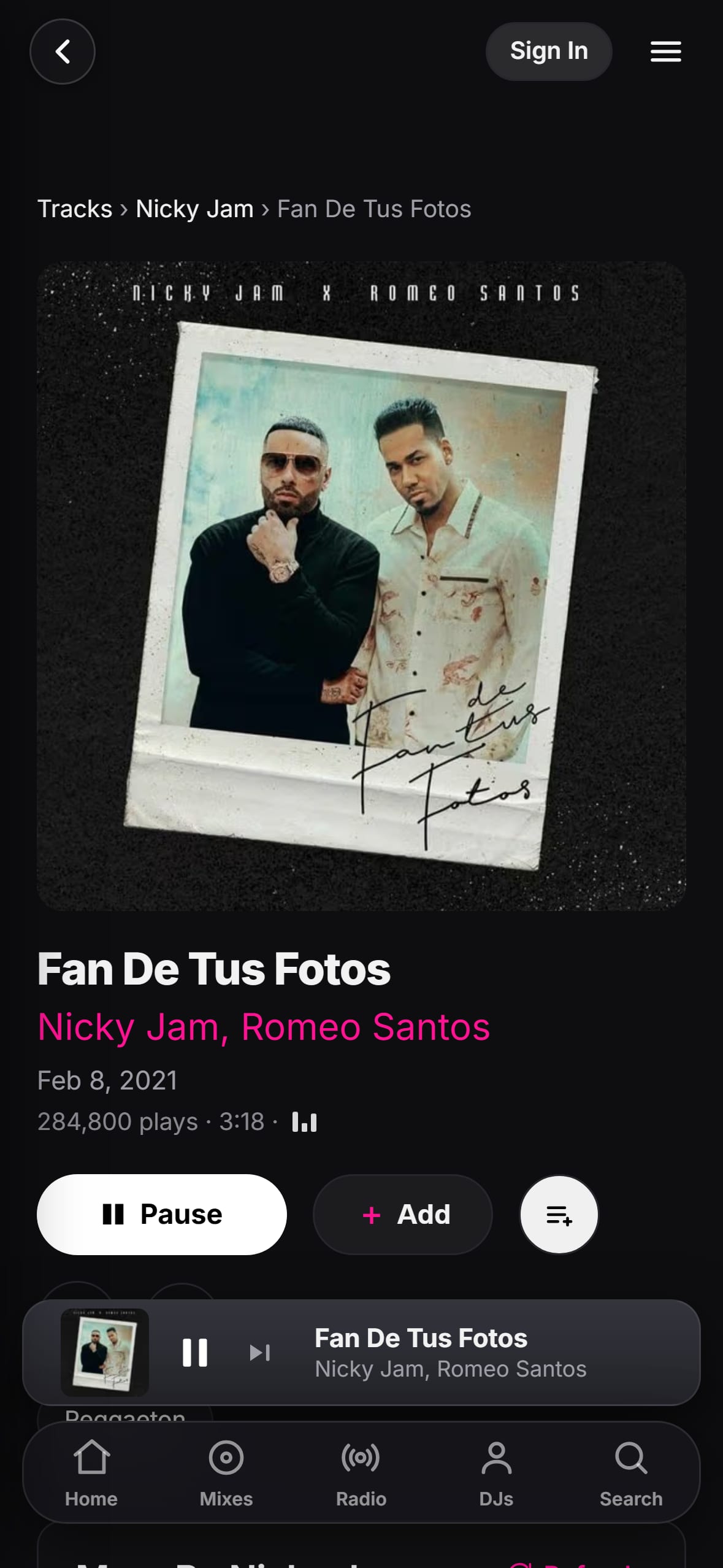 “Fan de Tus Fotos” playing in the LMP DJ app