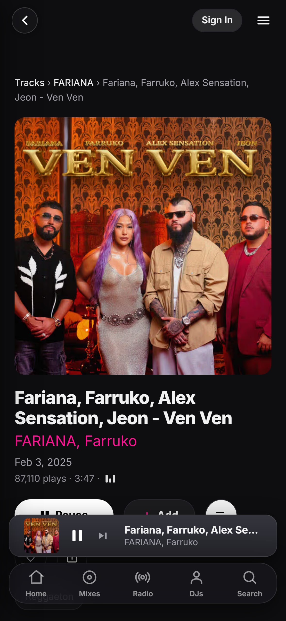 “Ven Ven” playing in the LMP DJ app