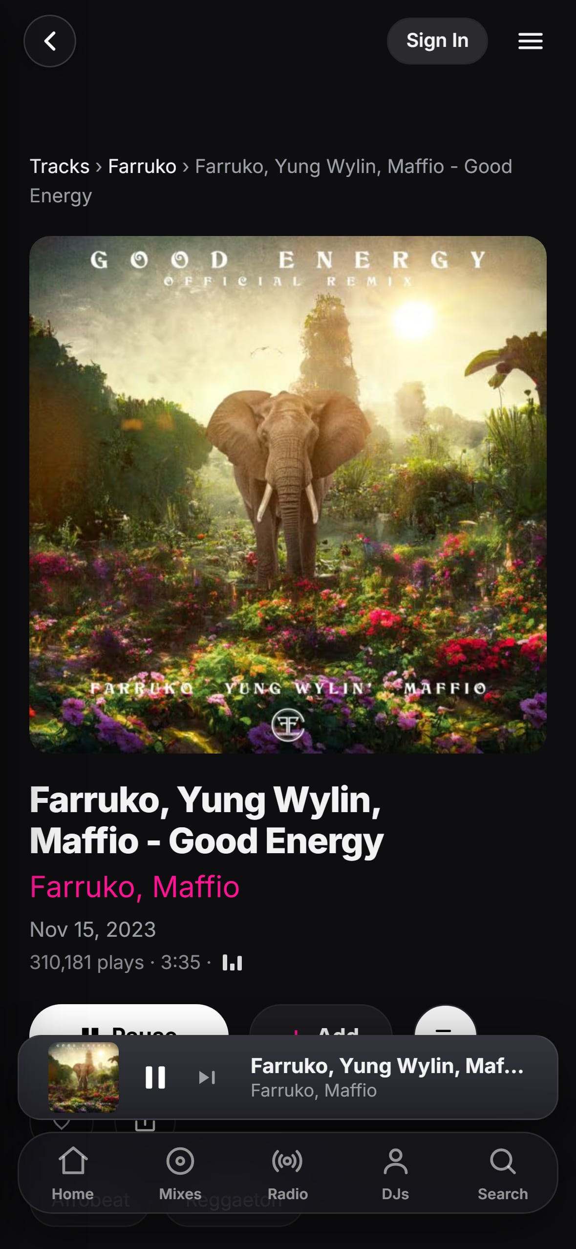 “Good Energy (Remix)” playing in the LMP DJ app