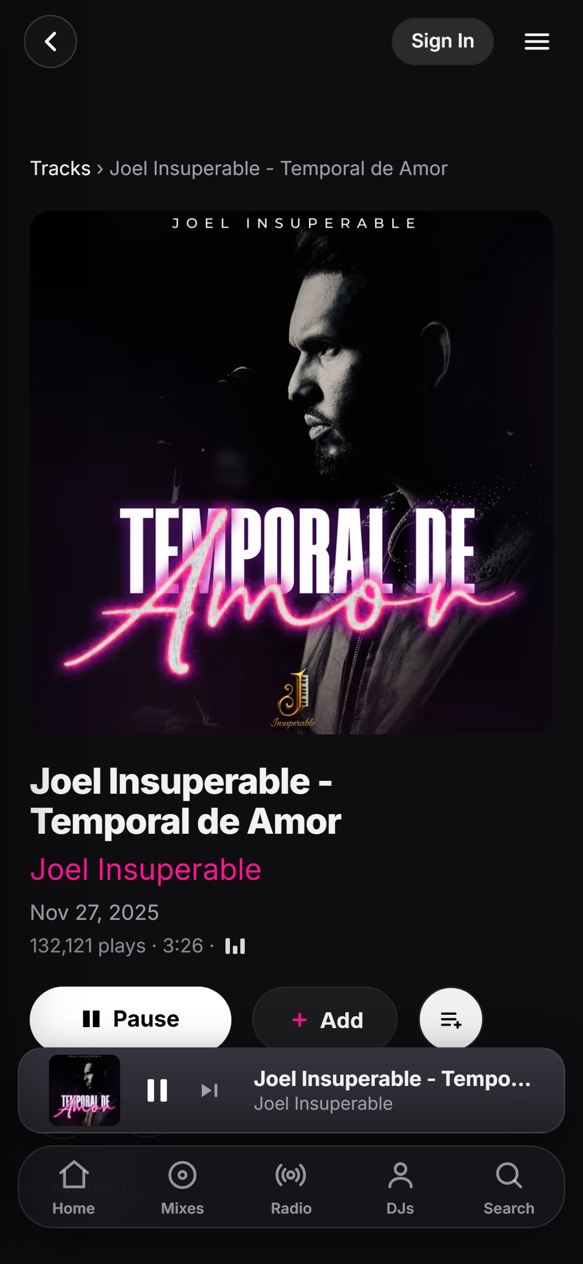 “Temporal de Amor” playing in the LMP DJ app