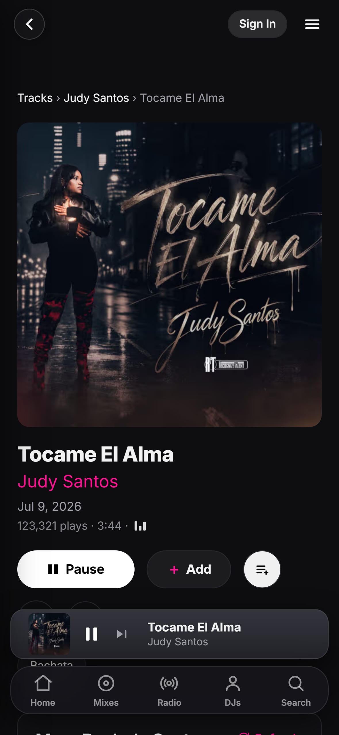 “Tócame El Alma” playing in the LMP DJ app