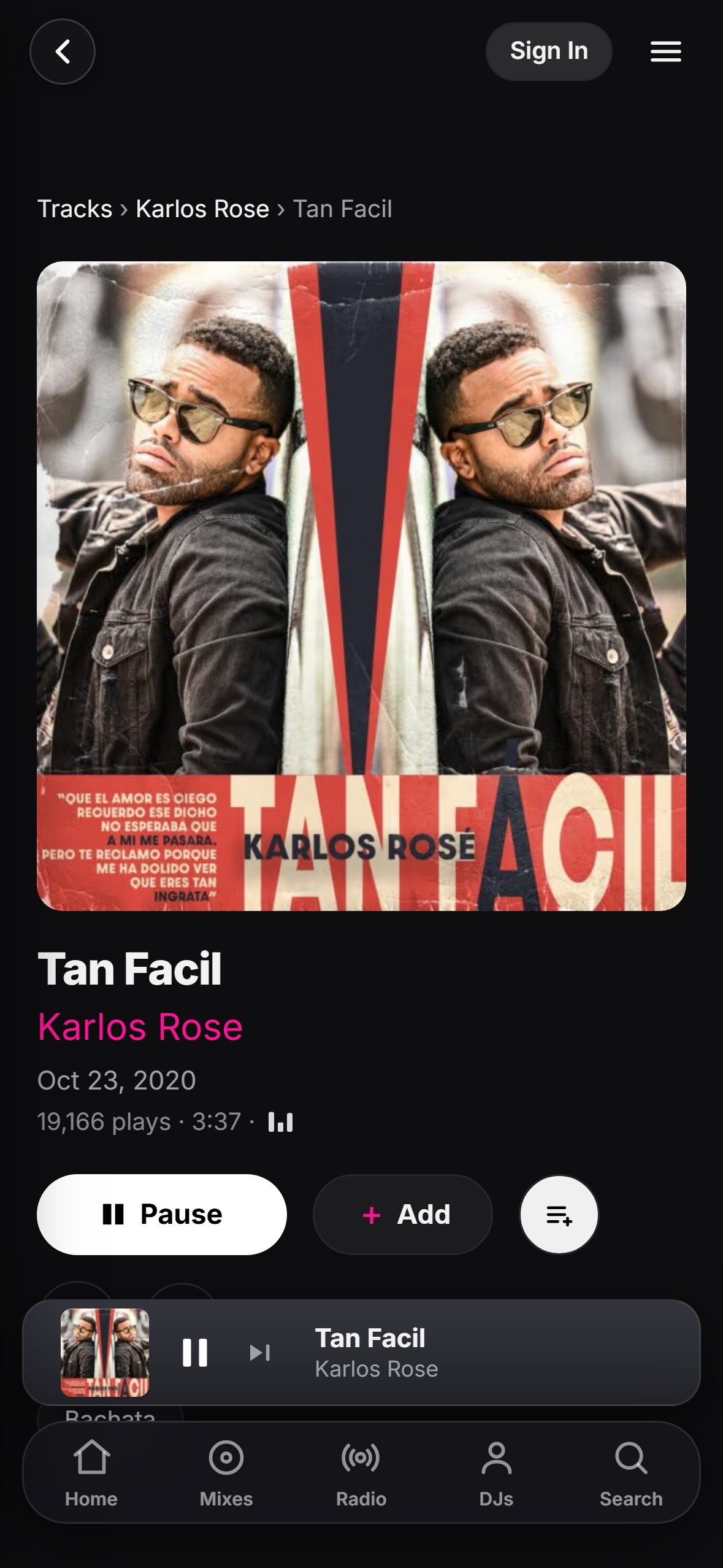 “Tan Fácil” playing in the LMP DJ app