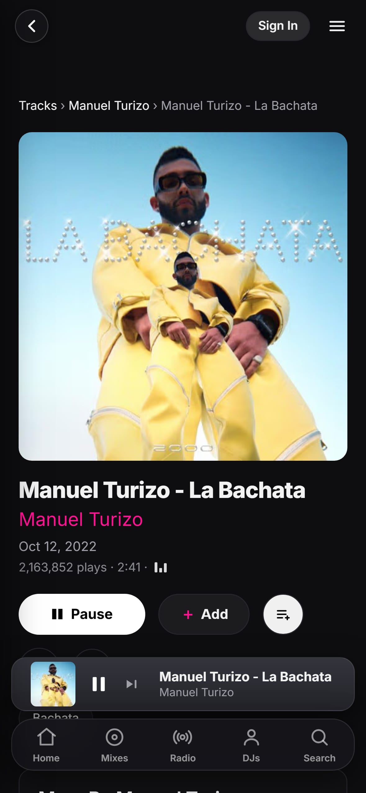 “La Bachata” by Manuel Turizo playing in the LMP DJ app
