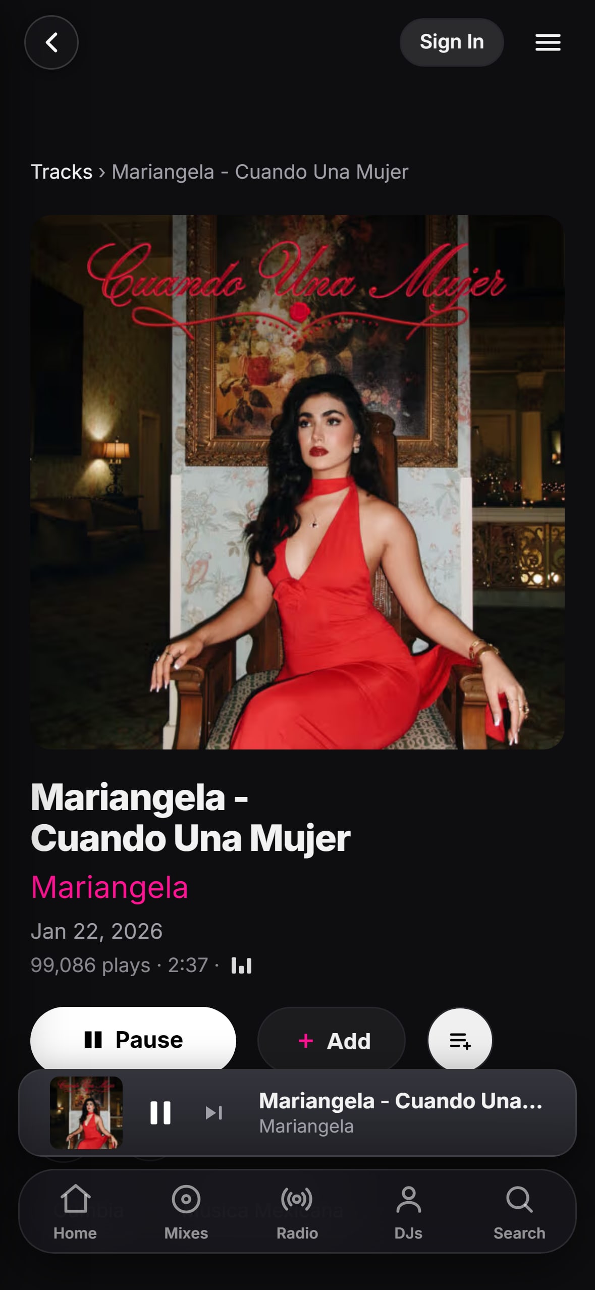 “Cuando Una Mujer” playing in the LMP DJ app