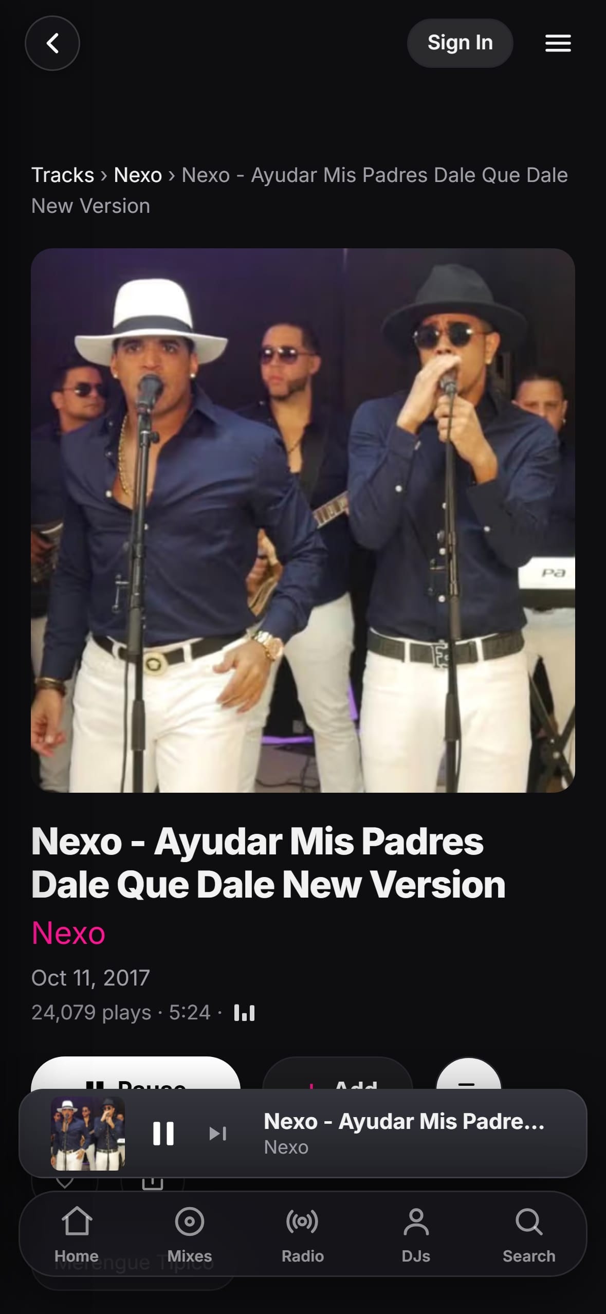 “Ayudar Mis Padres (Dale Que Dale)” by Nexo playing in the LMP DJ app