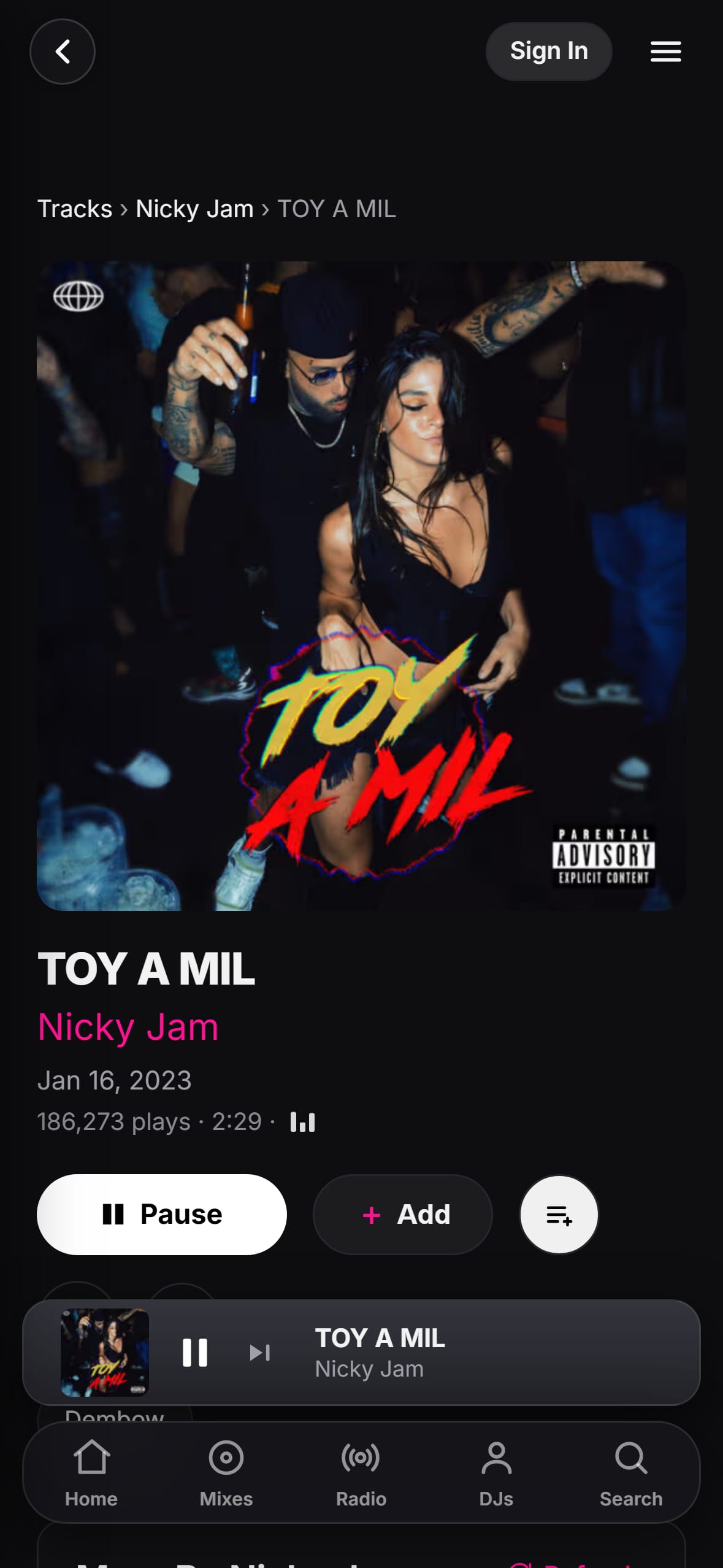 “TOY A MIL” by Nicky Jam playing in the LMP DJ app