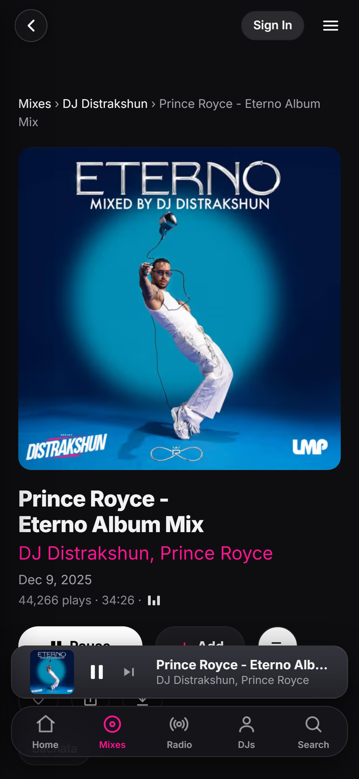 DJ Distrakshun's ETERNO album mix playing in the LMP DJ app
