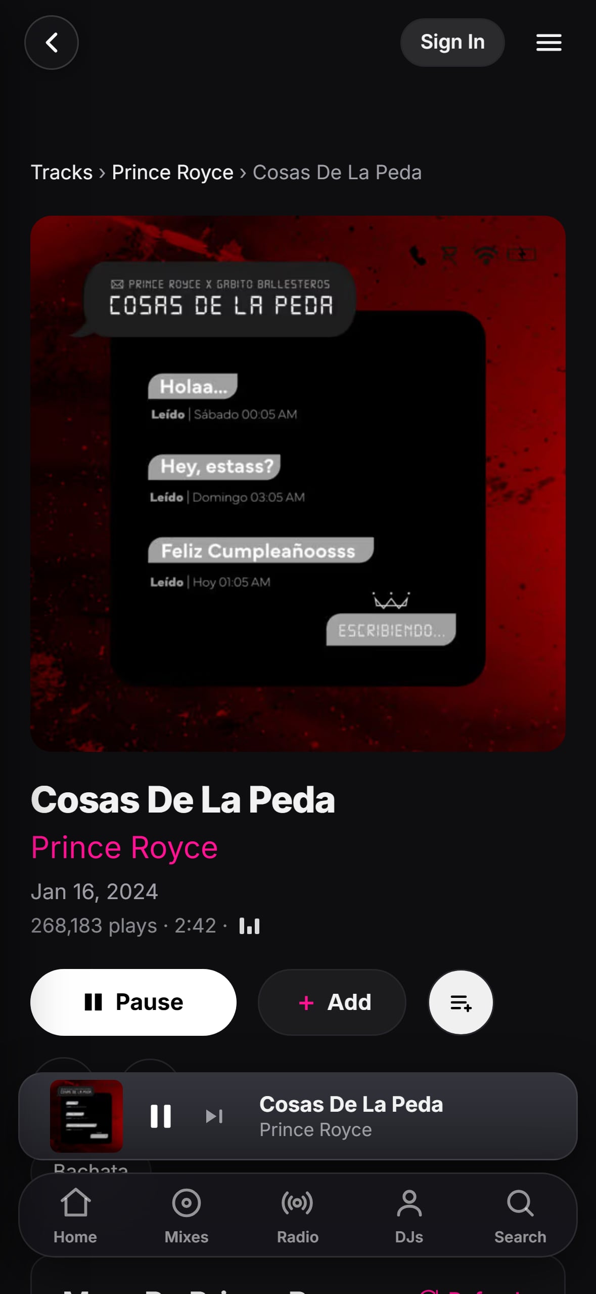 “Cosas de la Peda” playing in the LMP DJ app