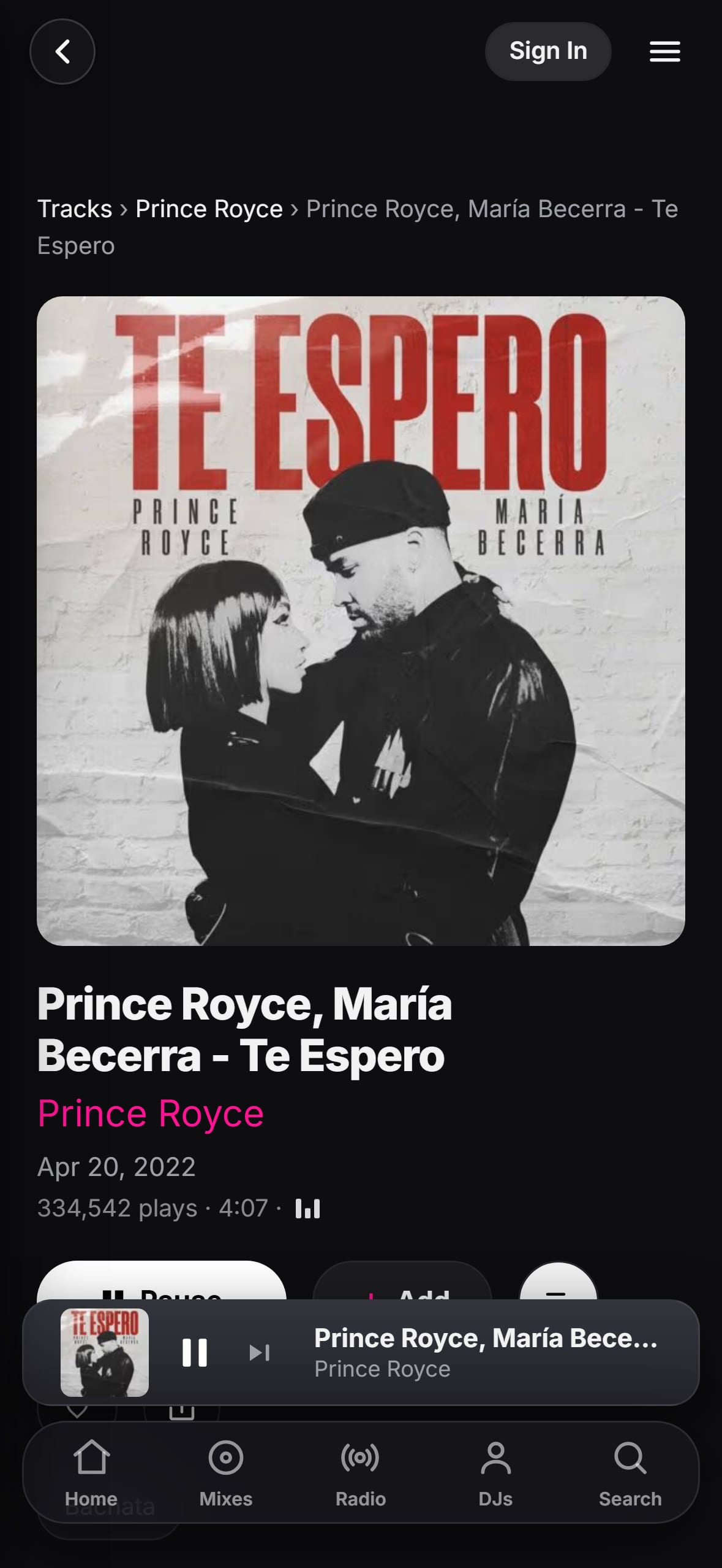 “Te Espero” by Prince Royce and María Becerra playing in the LMP DJ app