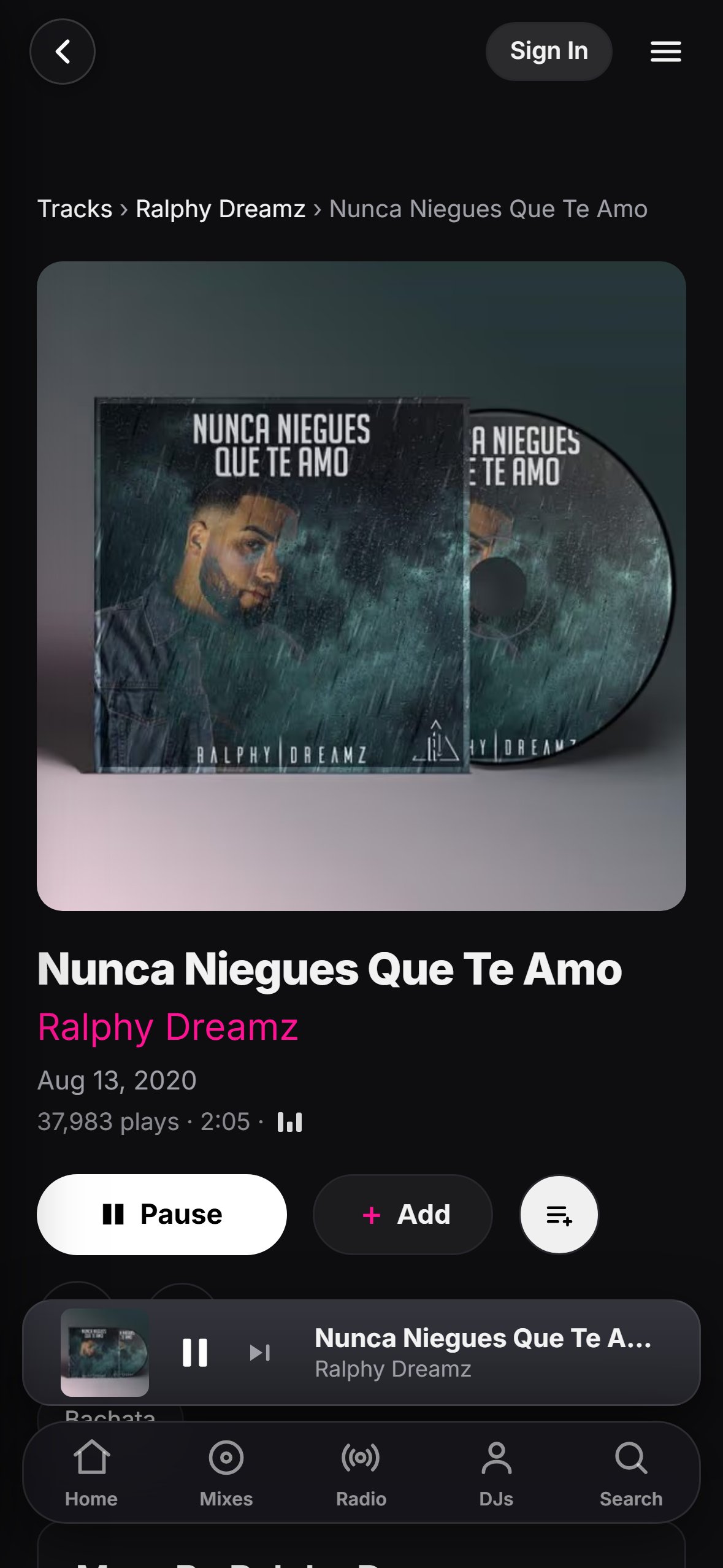 “Nunca Niegues Que Te Amo” playing in the LMP DJ app