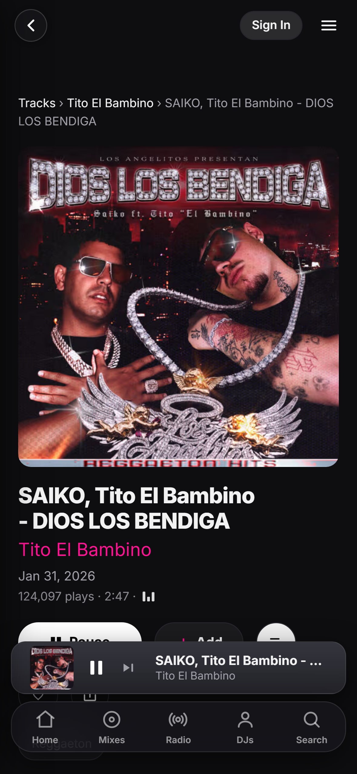 “Dios los Bendiga” playing in the LMP DJ app