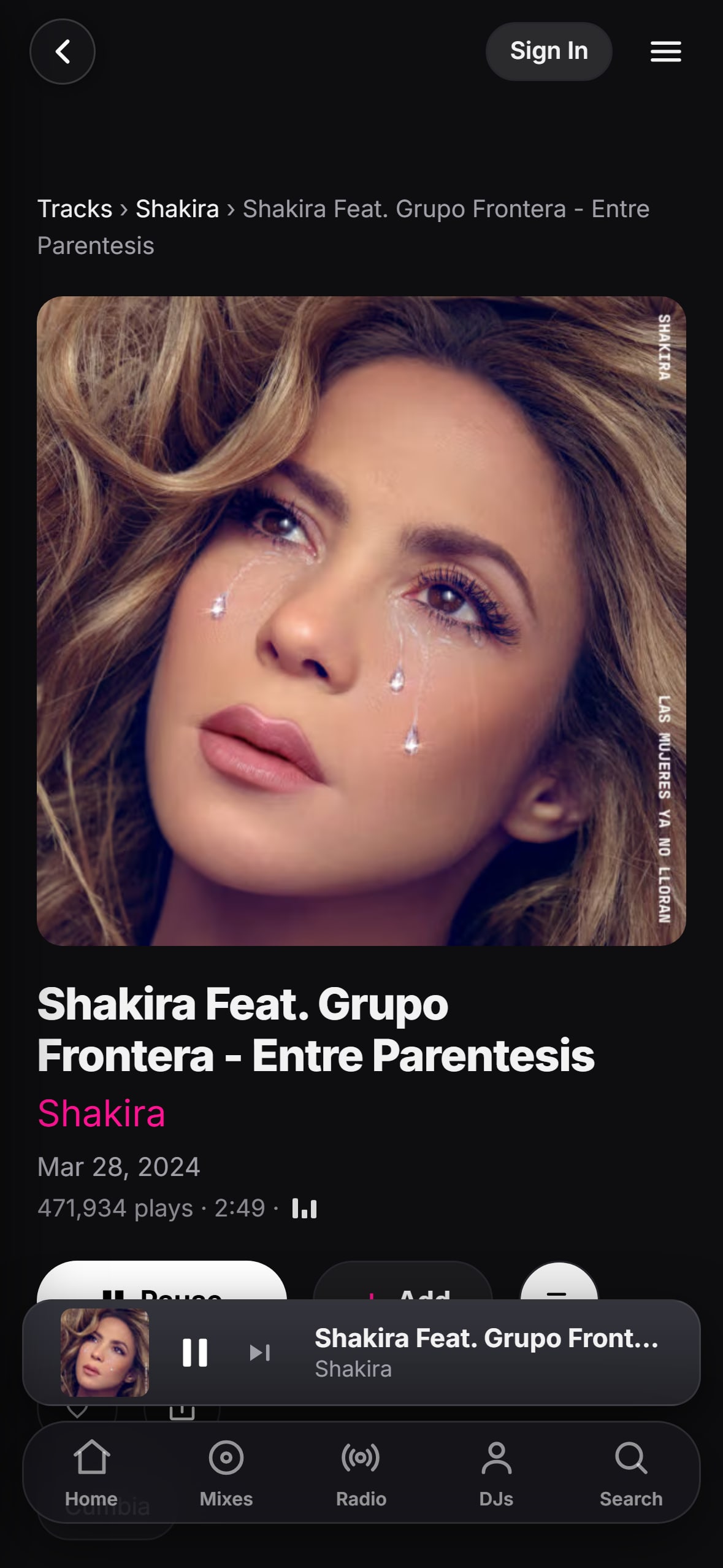 “(Entre Paréntesis)” playing in the LMP DJ app