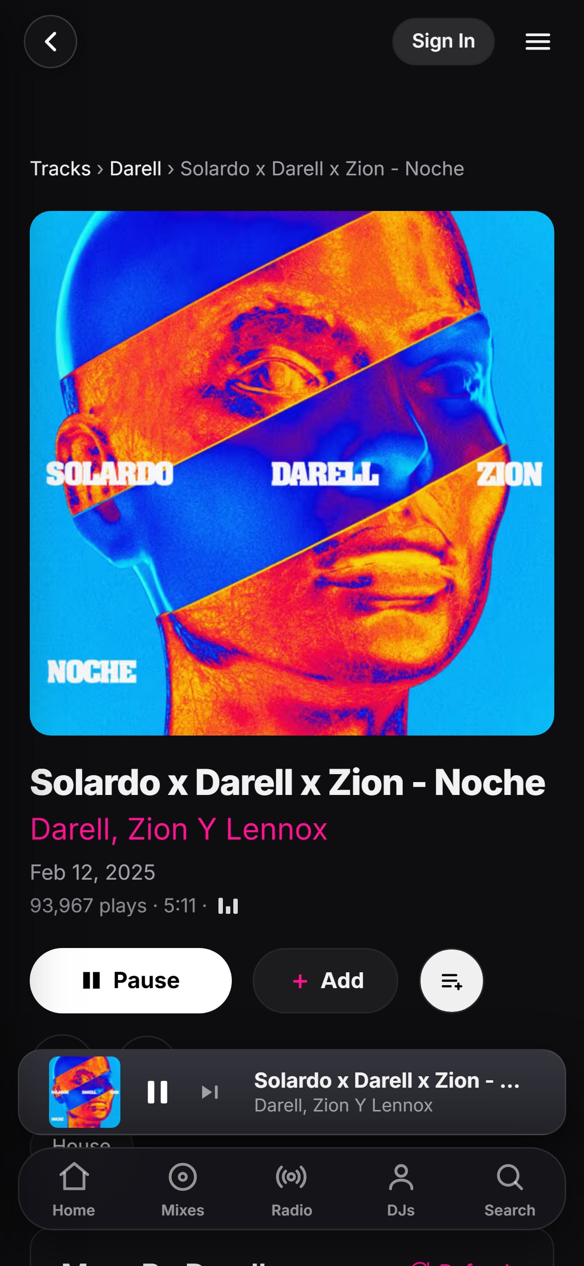 “Noche” by Solardo, Darell and Zion playing in the LMP DJ app