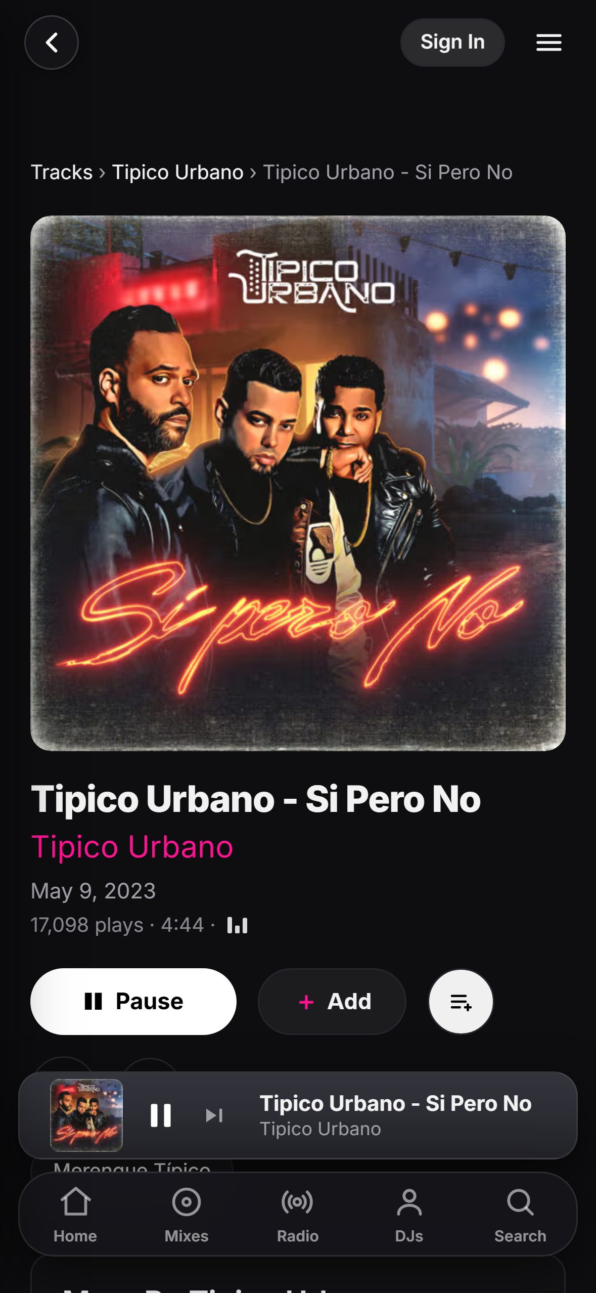 “Si Pero No” by Tipico Urbano playing in the LMP DJ app