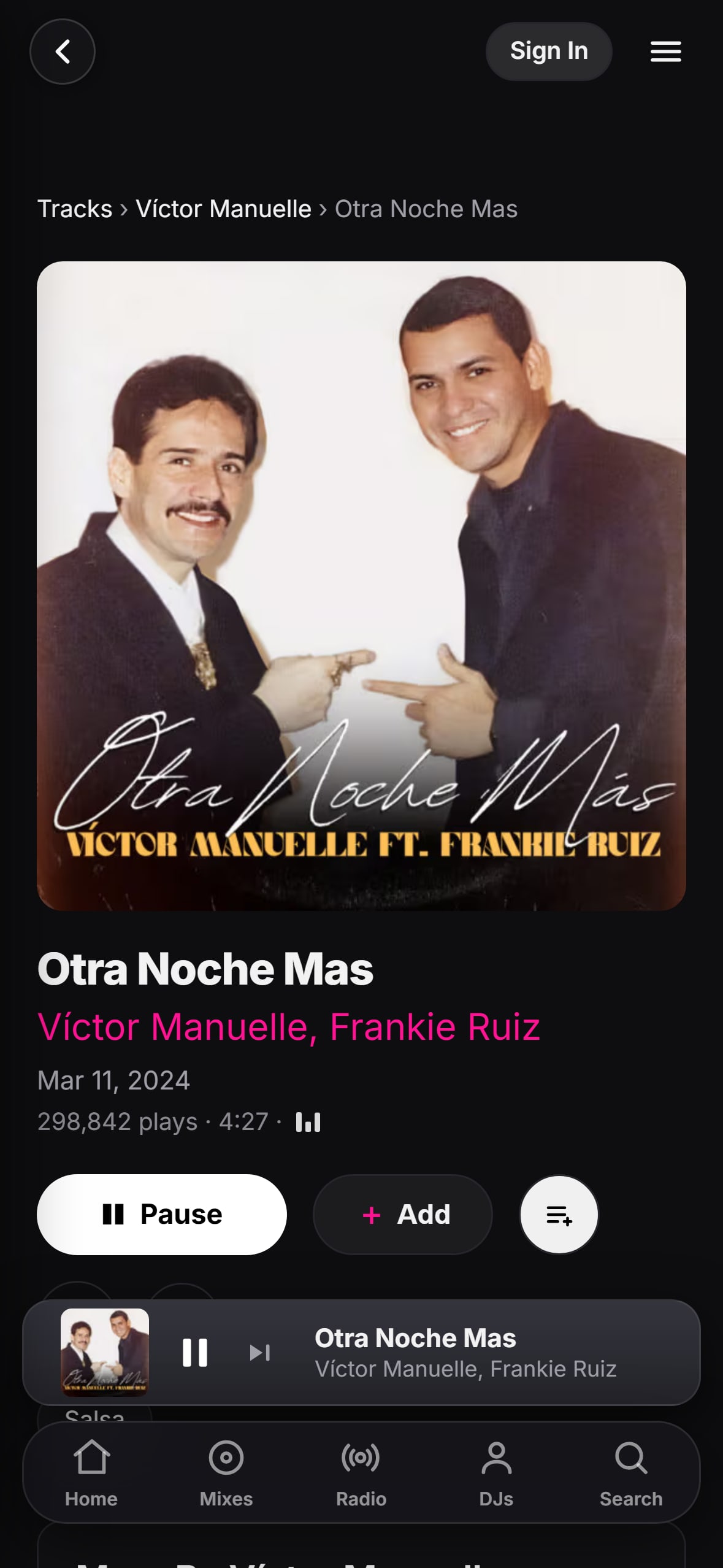 “Otra noche más” playing in the LMP DJ app