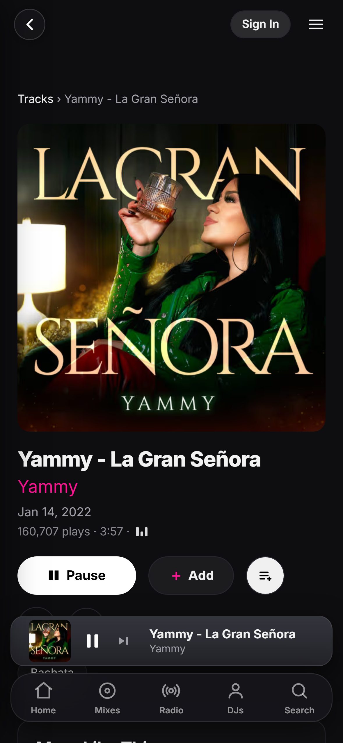 “La Gran Señora” by Yammy playing in the LMP DJ app