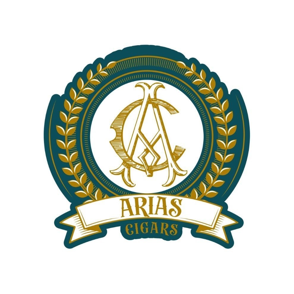 The Arias Cigars badge — a gold AC monogram in a laurel wreath over an “Arias Cigars” ribbon