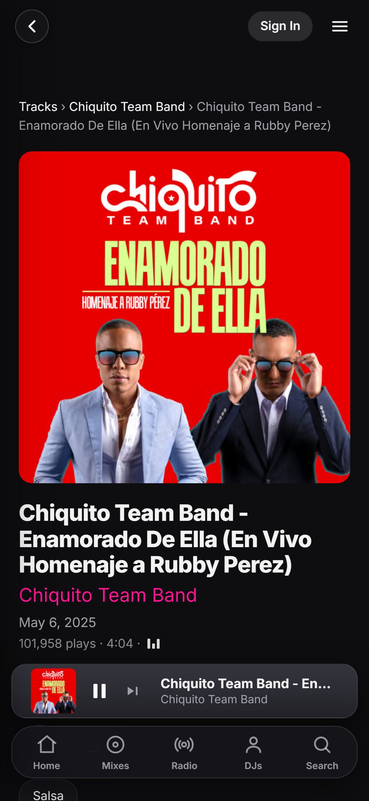 “Enamorado de ella (En vivo)” playing in the LMP DJ app