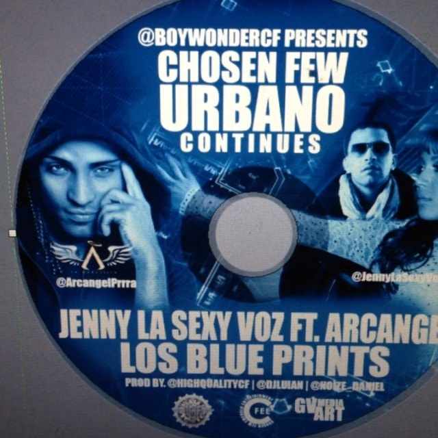 A frame from LMP's Instagram video: the CD label art in a design template — “@BoyWonderCF presents Chosen Few Urbano Continues · Jenny La Sexy Voz ft. Arcángel · Los Blue Prints”, prod. by @HighQualityCF, @DJLuian and @Noize_Daniel
