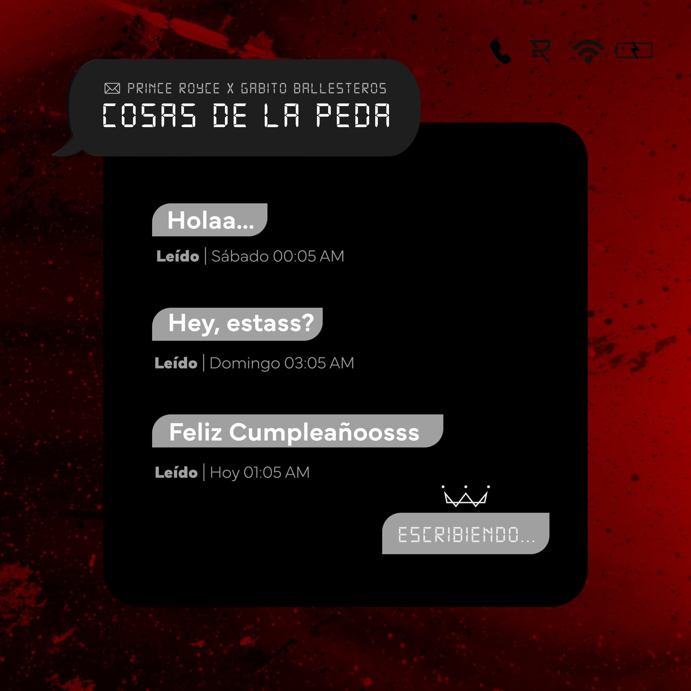Cover art for “Cosas de la Peda” by Prince Royce and Gabito Ballesteros — a phone chat on a red background