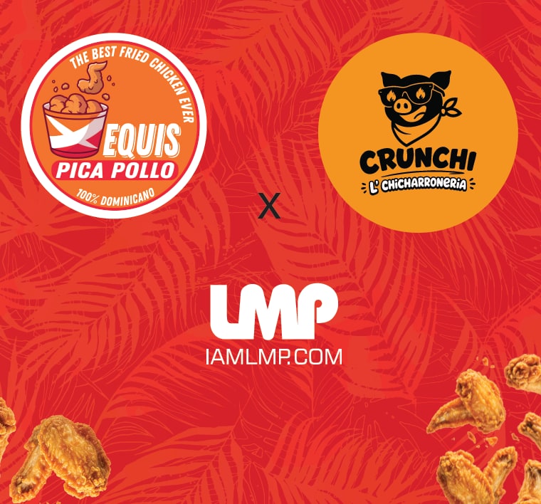 Equis Pica Pollo × Crunchi L' Chicharroneria with the LMP logo — the co-branded art for the parade