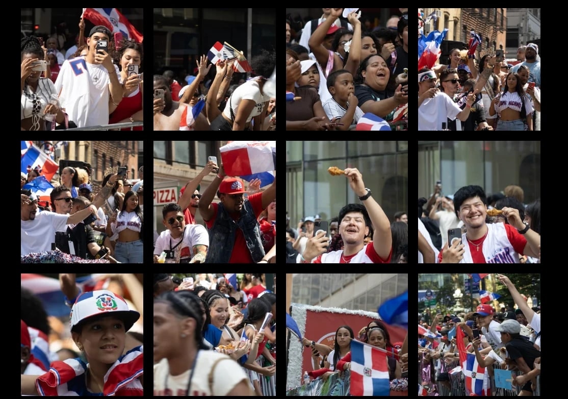 The crowd along the parade route, waving Dominican flags and eating fried chicken, and girls waving flags from the float