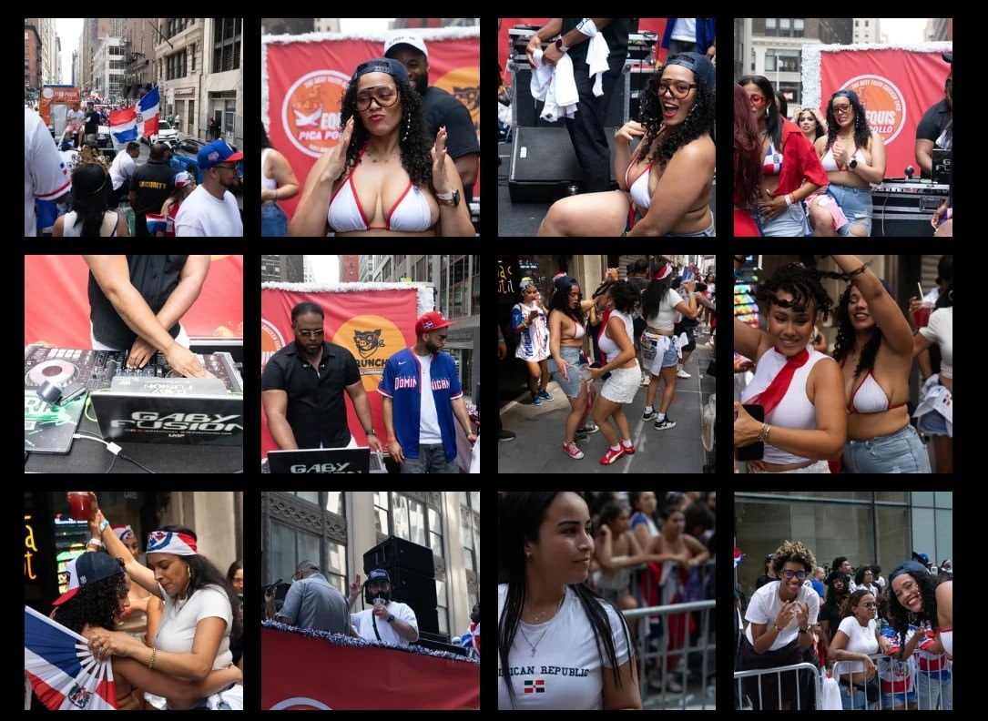 On and around LMP's float: Gaby Fusion at the decks under the Equis Pica Pollo and Crunchi banners, dancers on the float and in the street, and the crowd at the barricades