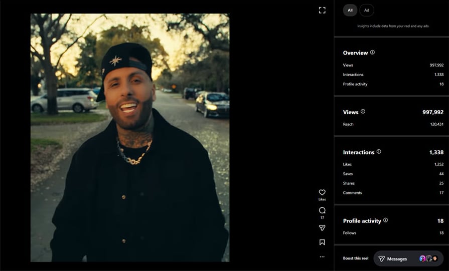 Instagram insights for the reel: 997,992 views, 120,431 reach
