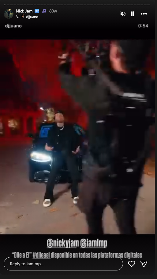 LMP DJ djjuano's Instagram story for “Dile a ÉL”: a clip of the video with “Dile a ÉL, disponible en todas las plataformas digitales”, tagging @nickyjam and @iamlmp