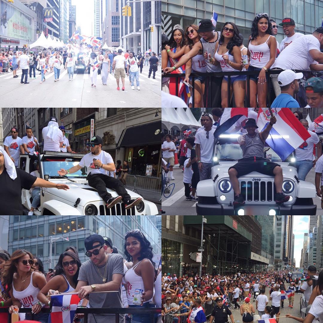 A collage from the 2015 Dominican Day Parade: riders in LMP tank tops with Dominican flags on LMP's float, men riding on the hoods of white Jeeps, and the crowd along the route