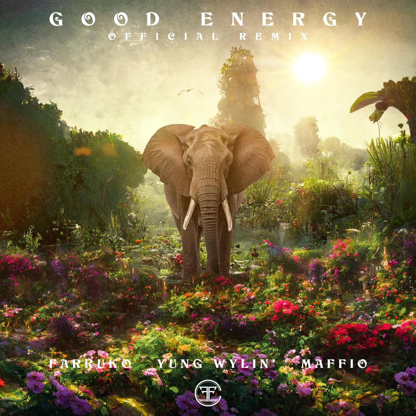 Cover art for “Good Energy (Remix)” — an elephant in a jungle of flowers, credited to Farruko, Yung Wylin' and Maffio