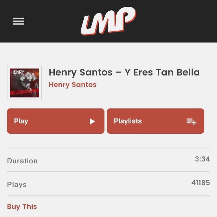 A phone screenshot of IAMLMP.com's page for “Henry Santos – Y Eres Tan Bella” — 3:34, 41185 plays, a “Buy This” link
