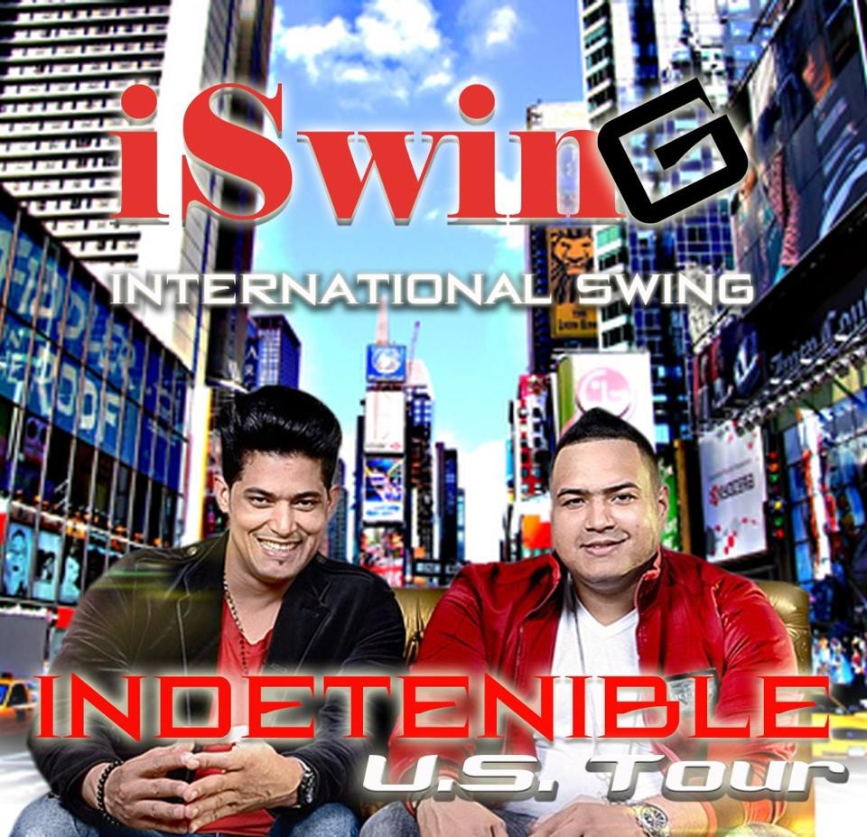 “iSwing — International Swing — Indetenible U.S. Tour” over a Times Square backdrop, two members on a gold sofa