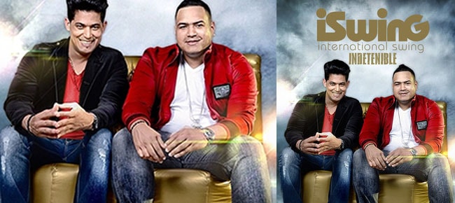LMP's 2013 homepage slider banner for iSwing — two members on a gold sofa beside the “iSwing · international swing · Indetenible” art