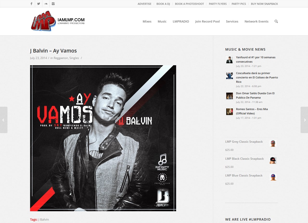 LMP's website in July 2014: the IAMLMP.COM header over the post “J Balvin – Ay Vamos”, July 23, 2014, with the single's cover
