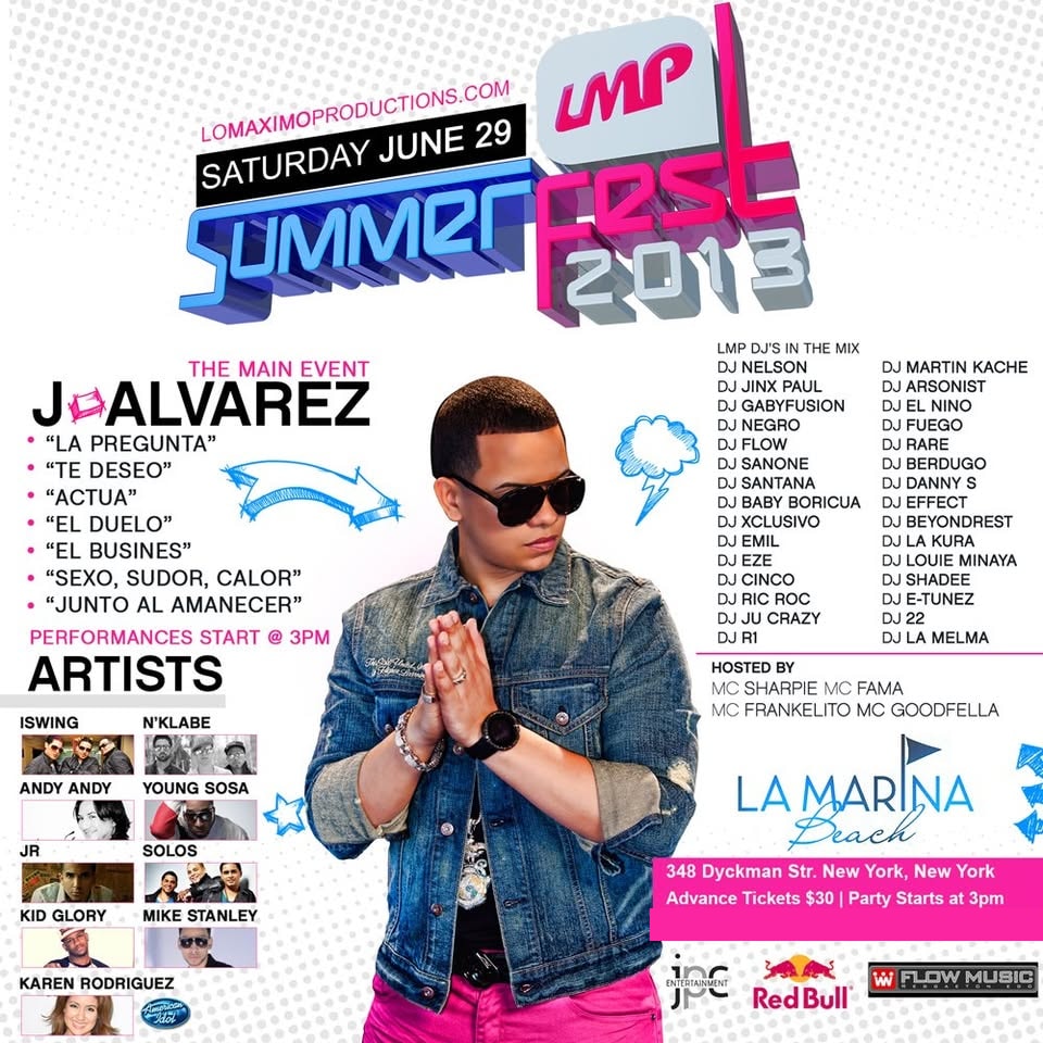The LMP Summer Fest 2013 flyer — Saturday June 29, La Marina, J Alvarez “the main event”, the artist lineup and LMP's DJs, with Red Bull and Flow Music
