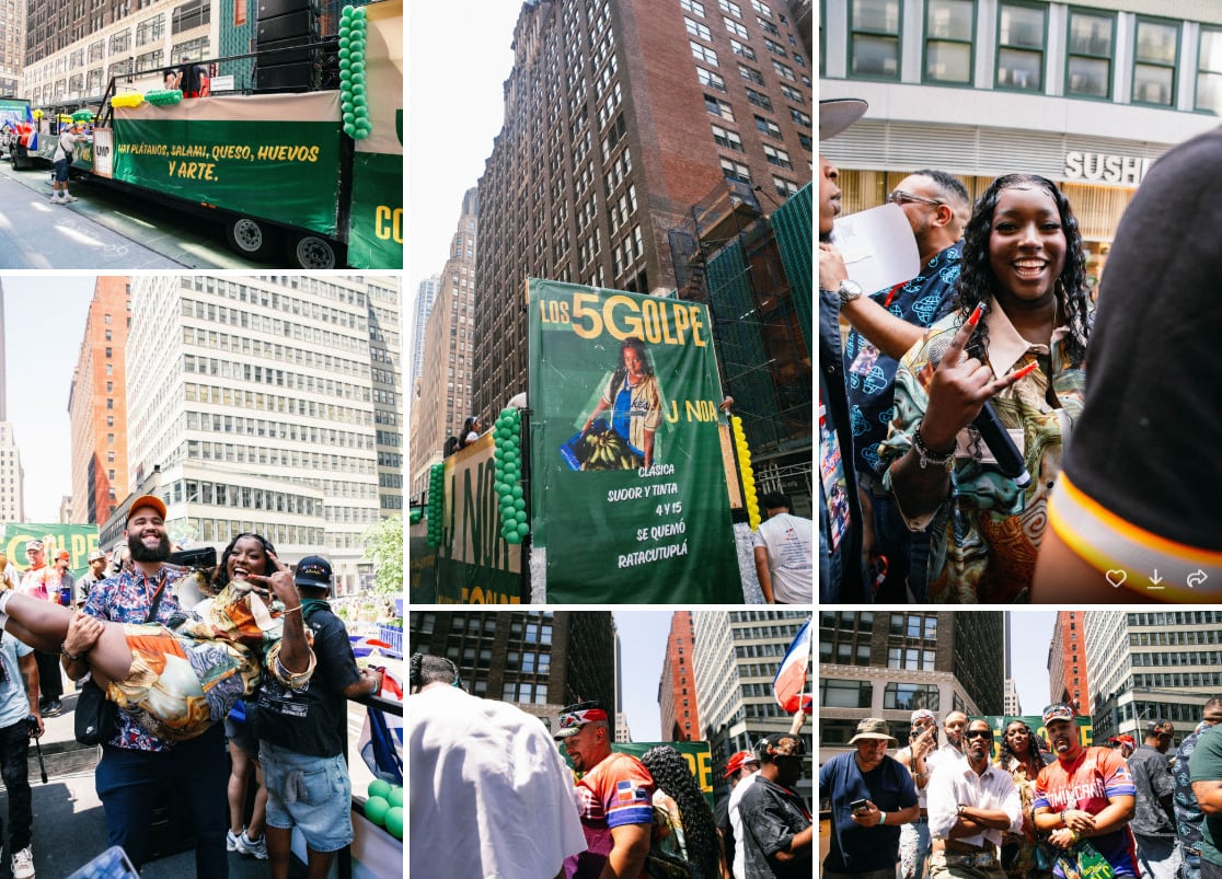 J Noa's Los 5Golpe float and crowd at the Dominican Day Parade