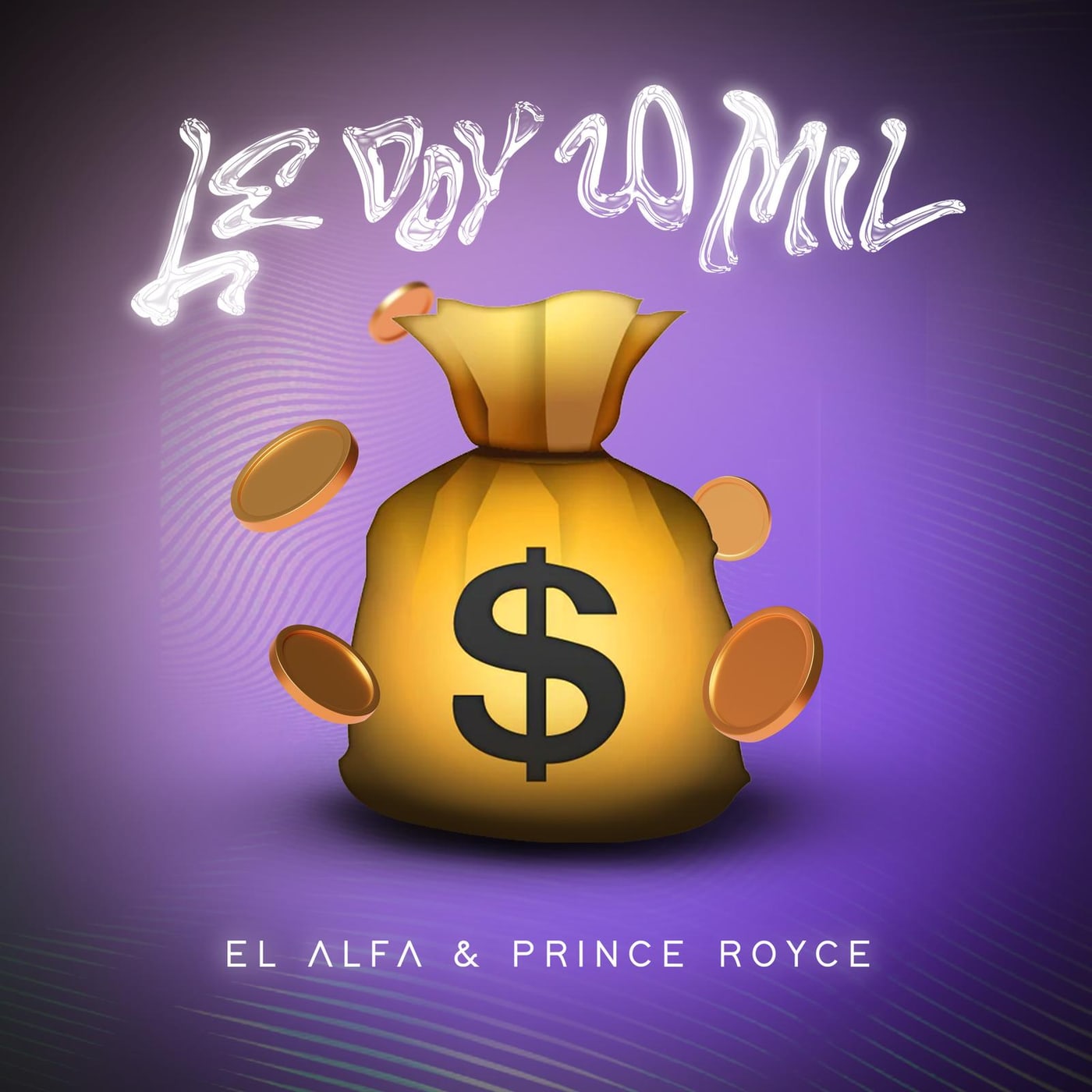 Cover art for “LE DOY 20 MIL” by El Alfa and Prince Royce — a money bag on purple